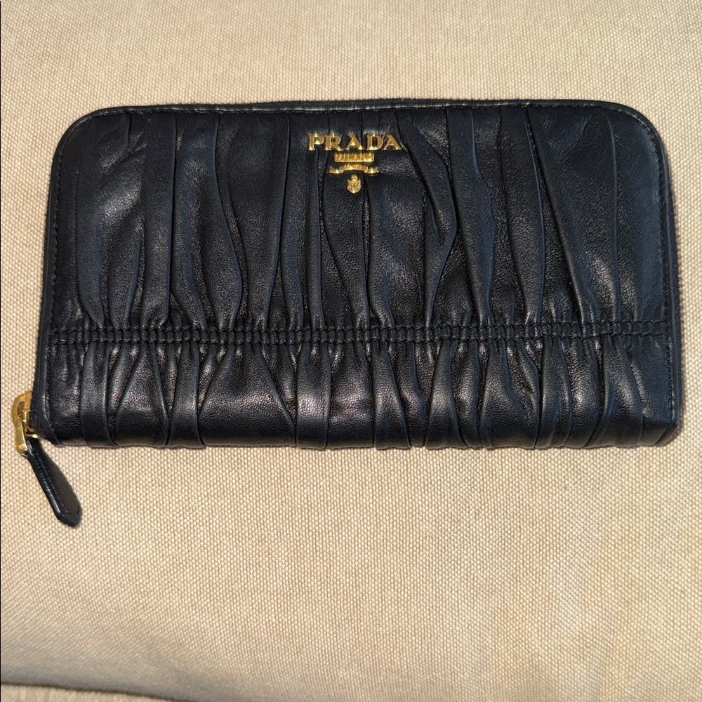 Prada Black Ruched Leather Zip-Around Wallet with Gold Logo